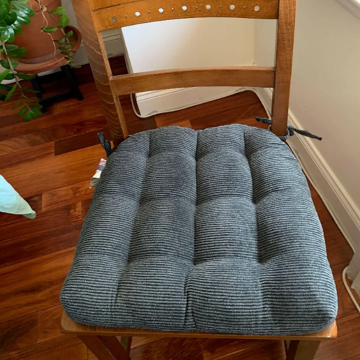 Chenille Rib Slate Grey Dining Chair Pad with Ties - Latex Foam Fill