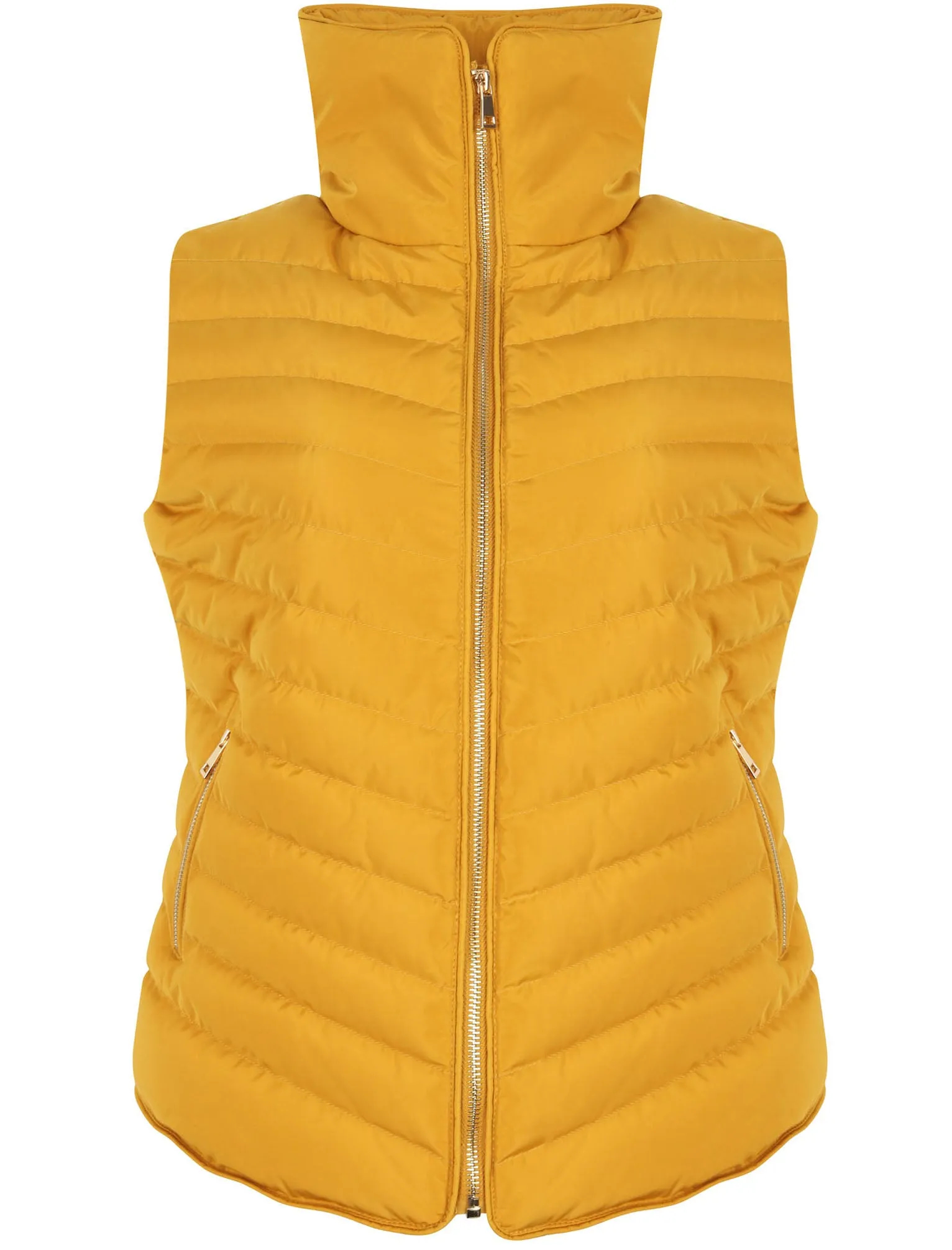 Chervil Quilted Puffer Gilet With Funnel Neck In Old Gold - Tokyo Laundry