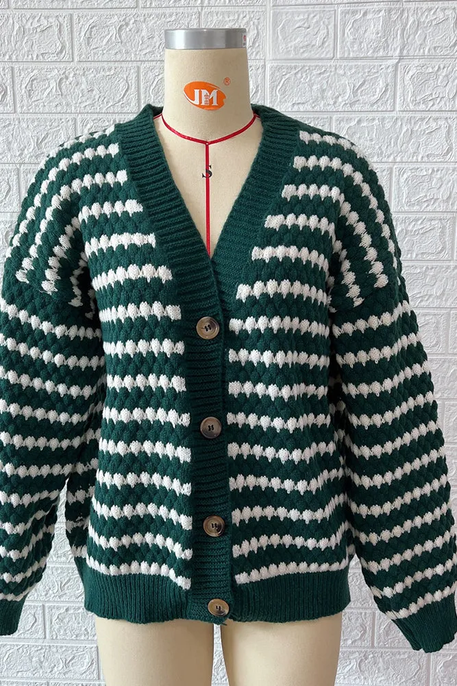 Colorblock Stripes V Neck Button Cardigan