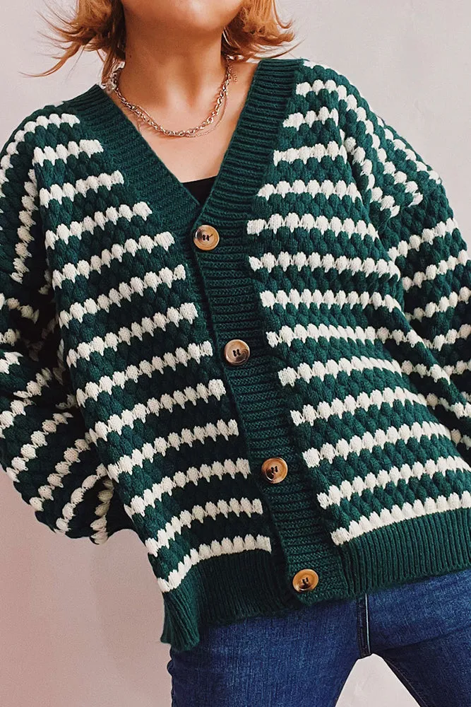 Colorblock Stripes V Neck Button Cardigan