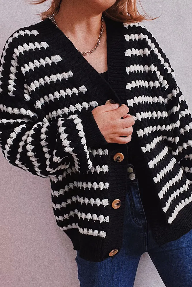Colorblock Stripes V Neck Button Cardigan