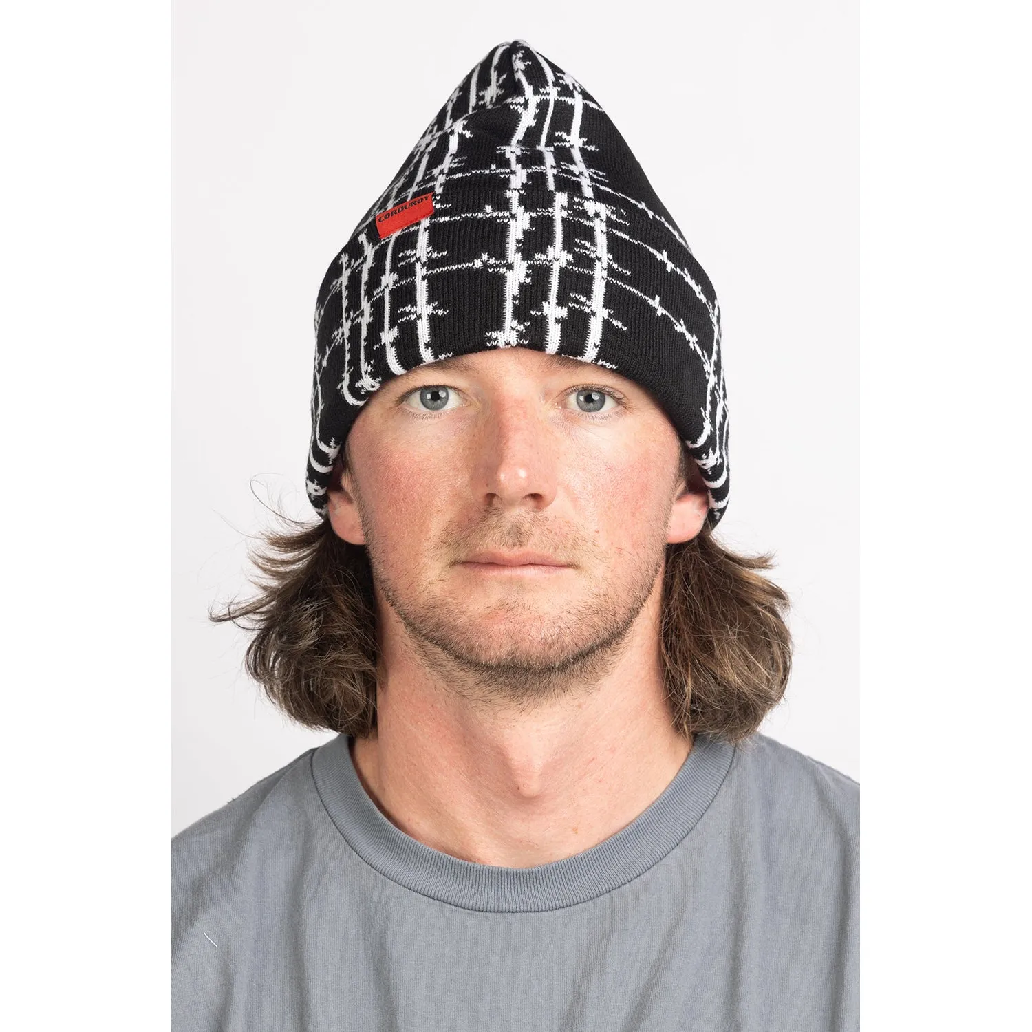 Corduroy Barbed Plaid Beanie Black
