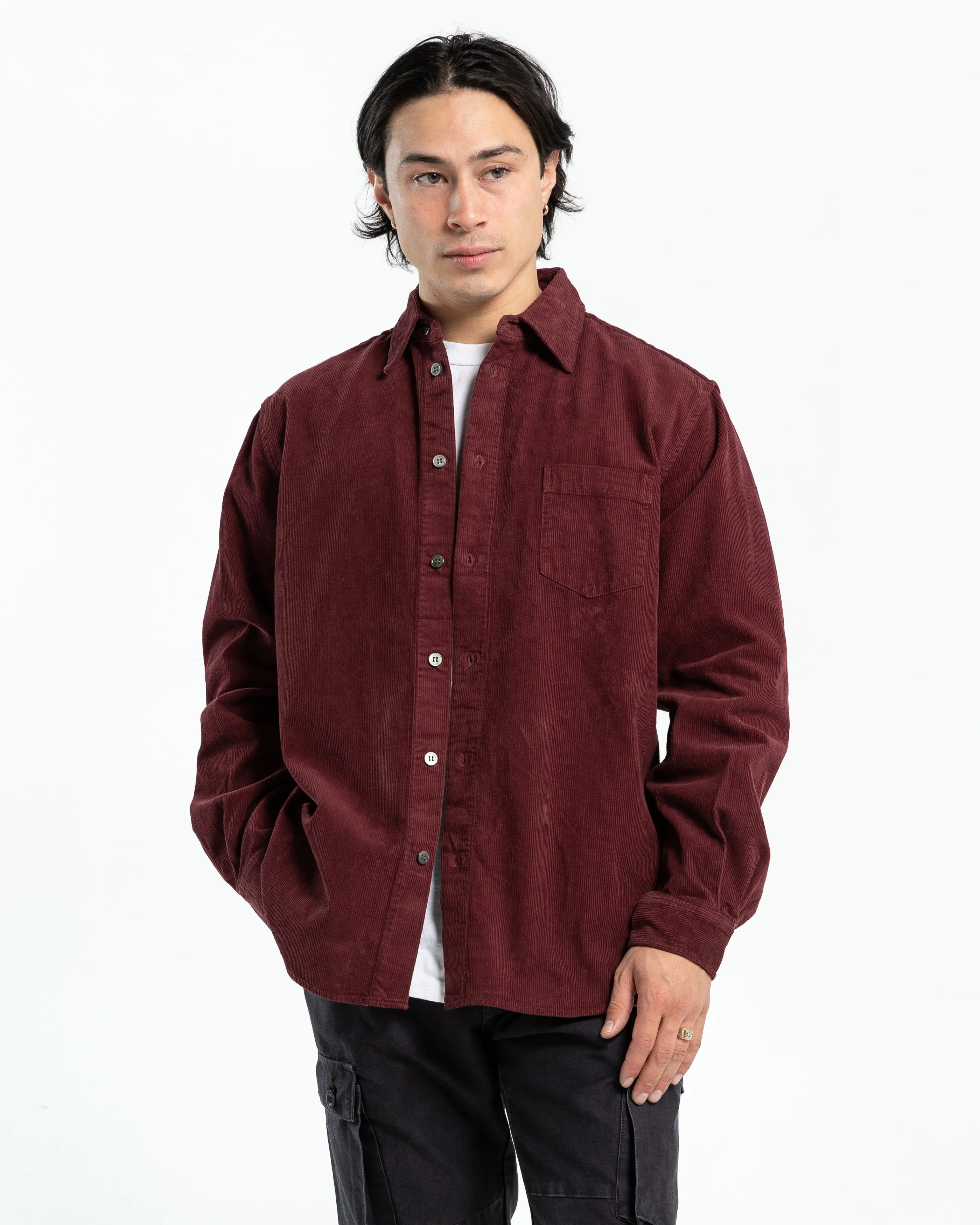 Corduroy Cloak Button Up in Burgundy