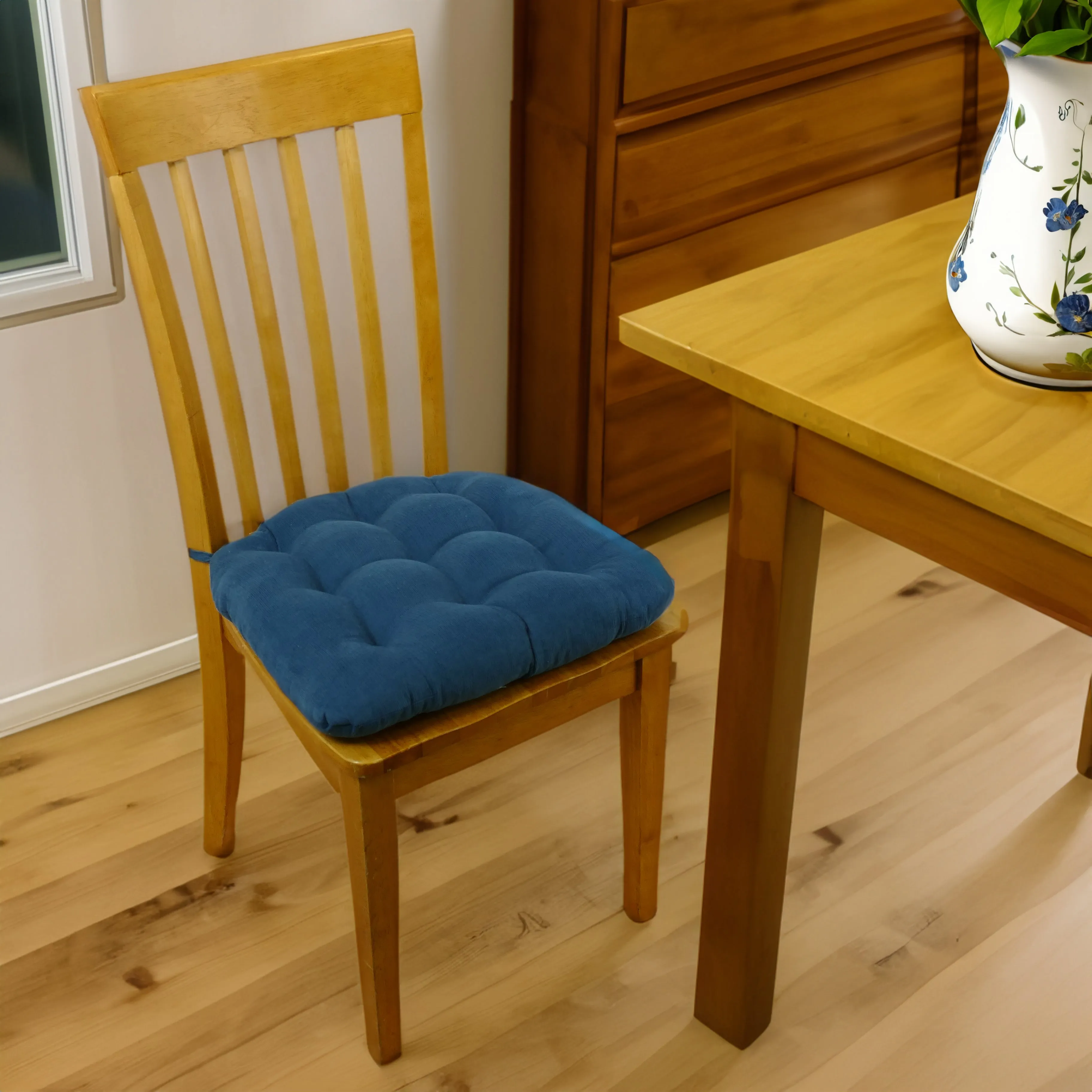 Corduroy Colonial Blue Dining Chair Pad - Never Flatten Chair Cushion Slate Blue