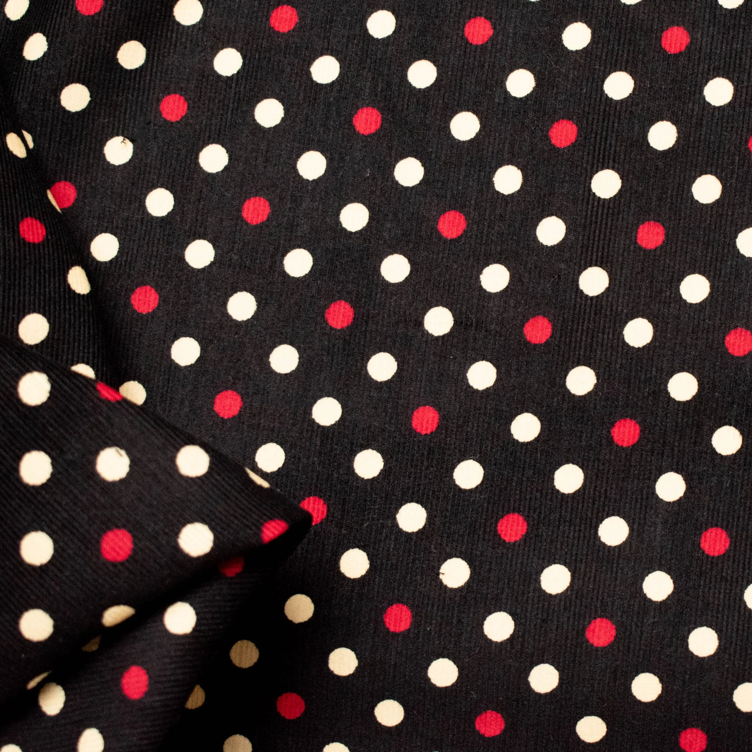 Cotton Corduroy Prints Design 7 Red & White Dots on Black