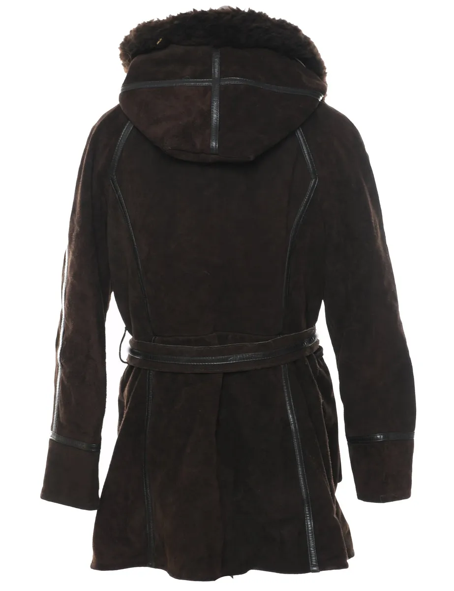 Dark Brown Faux Fur Lined Suede Coat - S