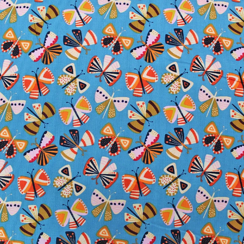 Dressmaking Cotton Needlecord - Blue - Painted Lady Butterfly