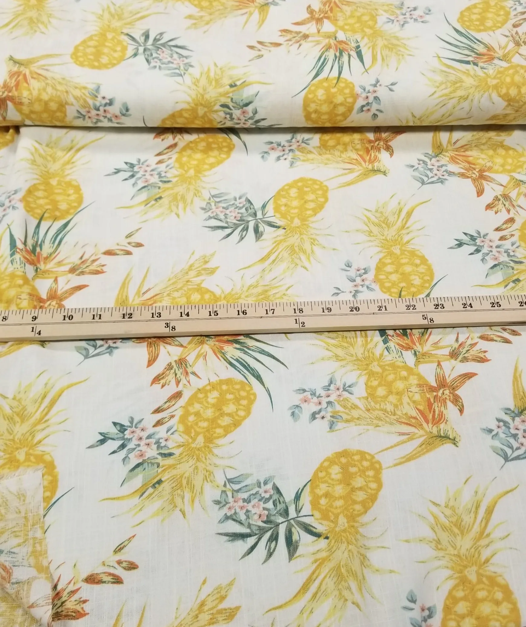 End of Bolt: 3 yards of Designer Deadstock Resortwear Pineapple Crosshatch Cream Soft Rayon Linen Woven-Remnant