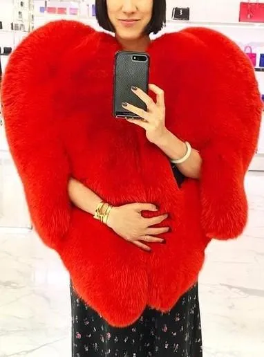 Faux-Fur Heart Cape Coat in Red