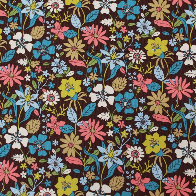 Floral Dressmaking Needlecord - Brown - Balcony Garden
