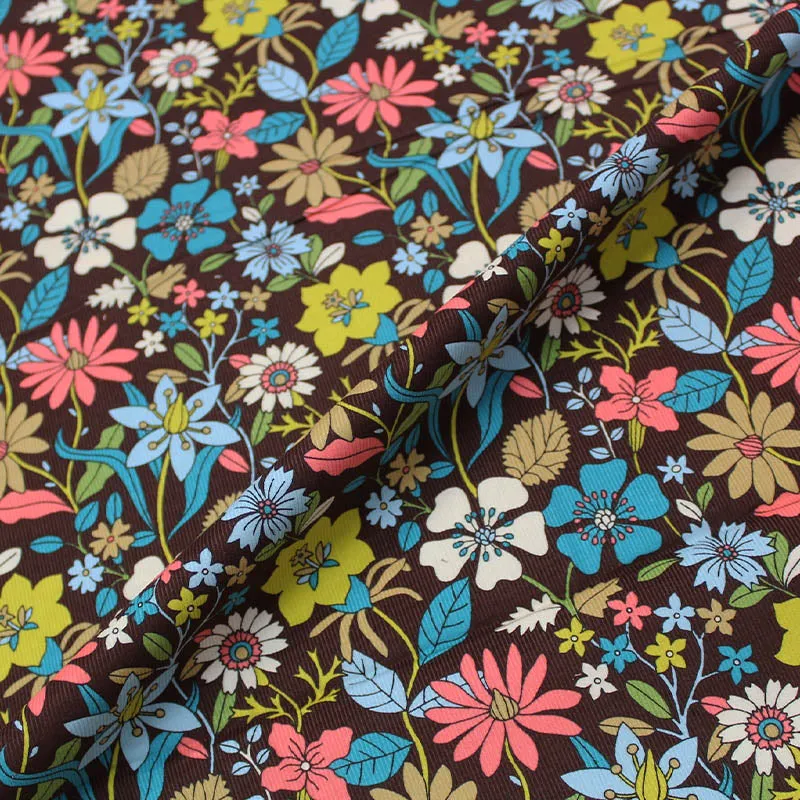 Floral Dressmaking Needlecord - Brown - Balcony Garden