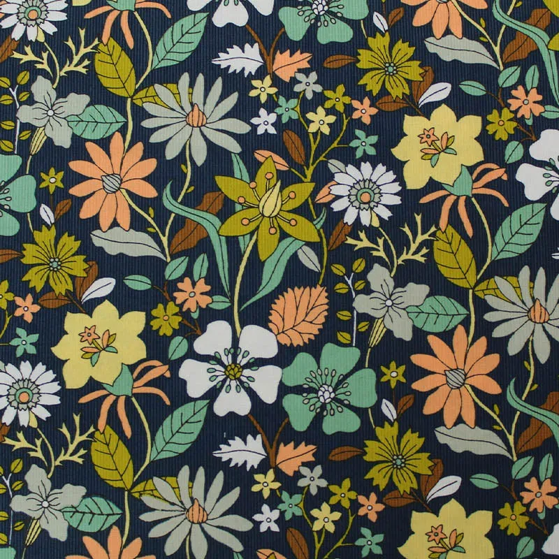 Floral Dressmaking Needlecord - Navy - Show Garden
