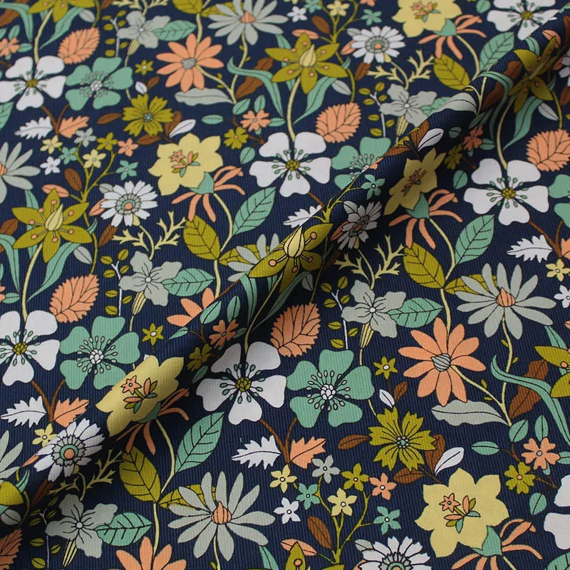 Floral Dressmaking Needlecord - Navy - Show Garden