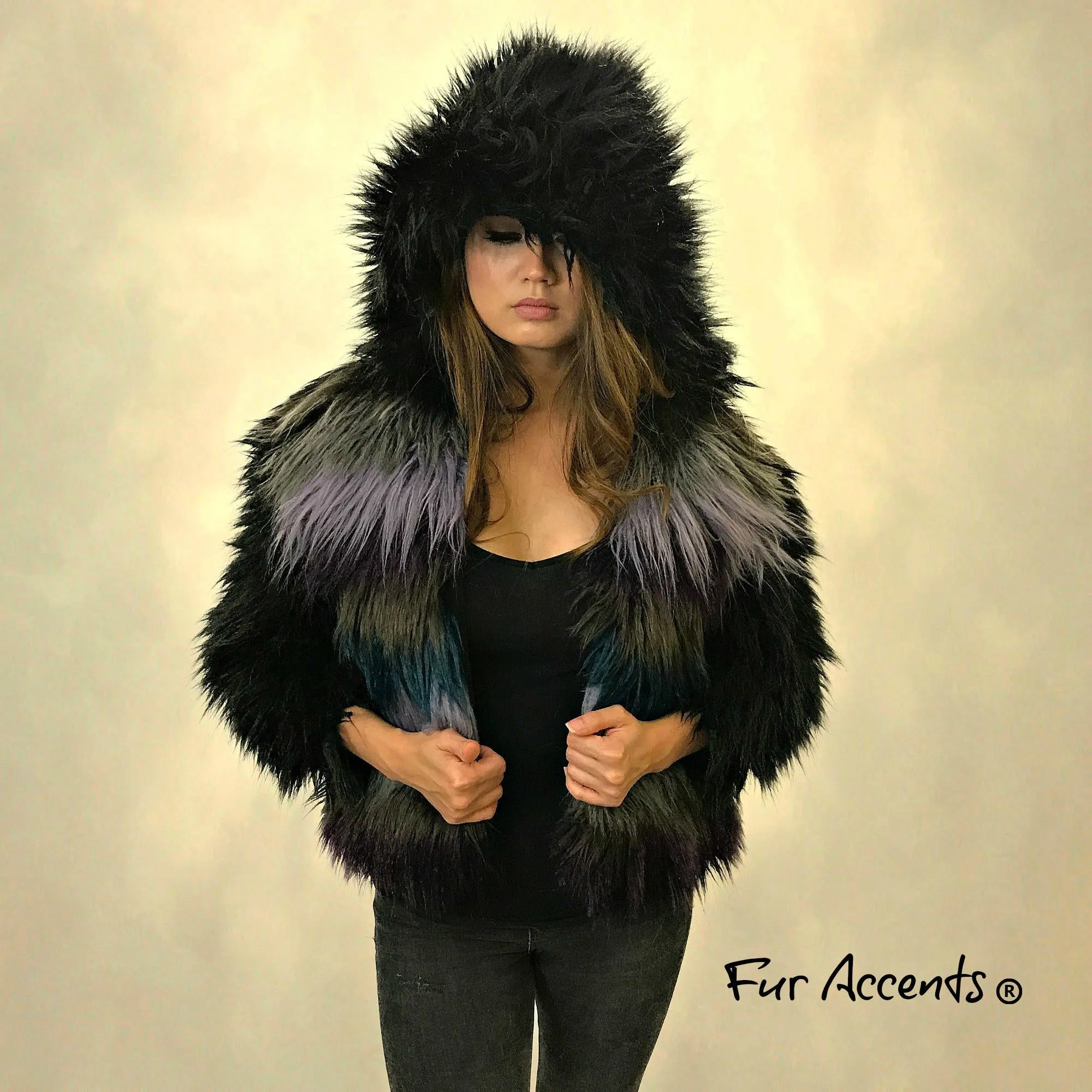 FUR ACCENTS Exotic Faux Fur Shaggy  Thick Long Hair Hooded Coat Multi Pelt Mongolian Shag Design -  Unisex Jacket - One Size - Oversize