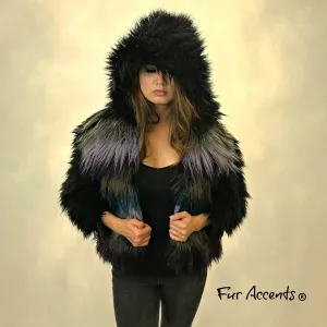 FUR ACCENTS Exotic Faux Fur Shaggy  Thick Long Hair Hooded Coat Multi Pelt Mongolian Shag Design -  Unisex Jacket - One Size - Oversize
