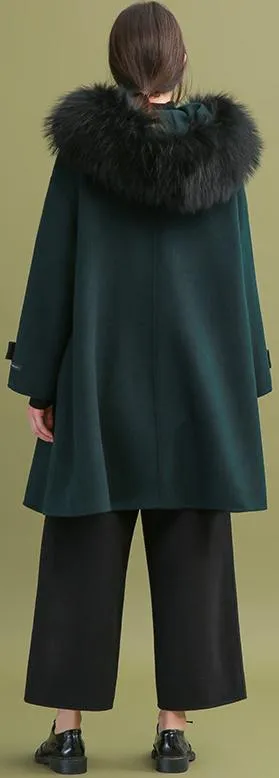 Fur-Hooded Toggle-Buttoned Oversized Wool Coat