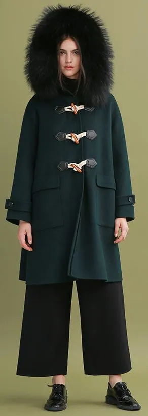 Fur-Hooded Toggle-Buttoned Oversized Wool Coat
