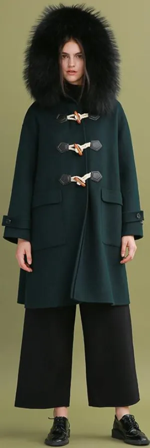 Fur-Hooded Toggle-Buttoned Oversized Wool Coat