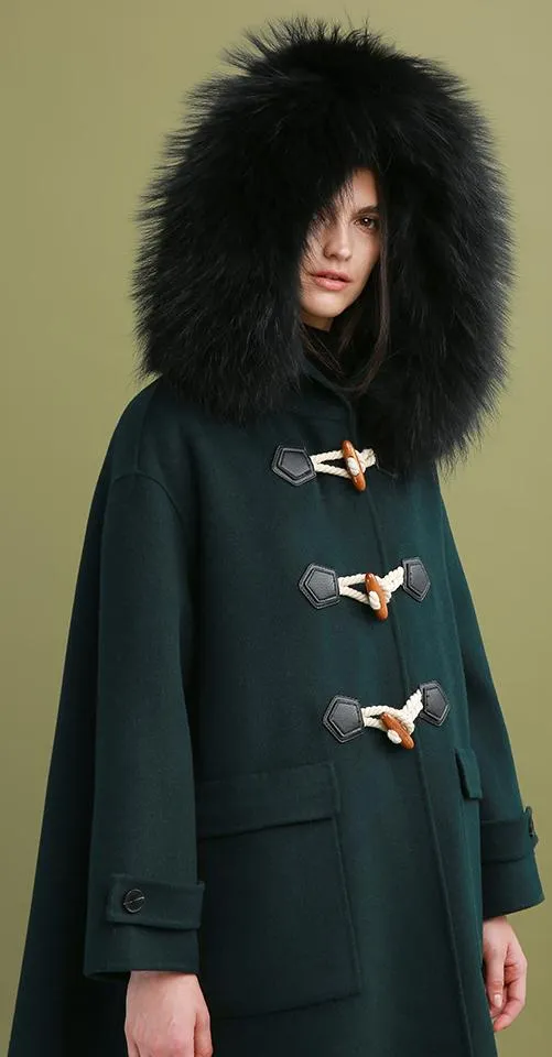 Fur-Hooded Toggle-Buttoned Oversized Wool Coat