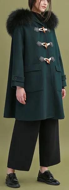 Fur-Hooded Toggle-Buttoned Oversized Wool Coat