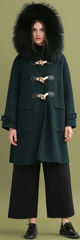 Fur-Hooded Toggle-Buttoned Oversized Wool Coat