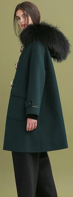 Fur-Hooded Toggle-Buttoned Oversized Wool Coat