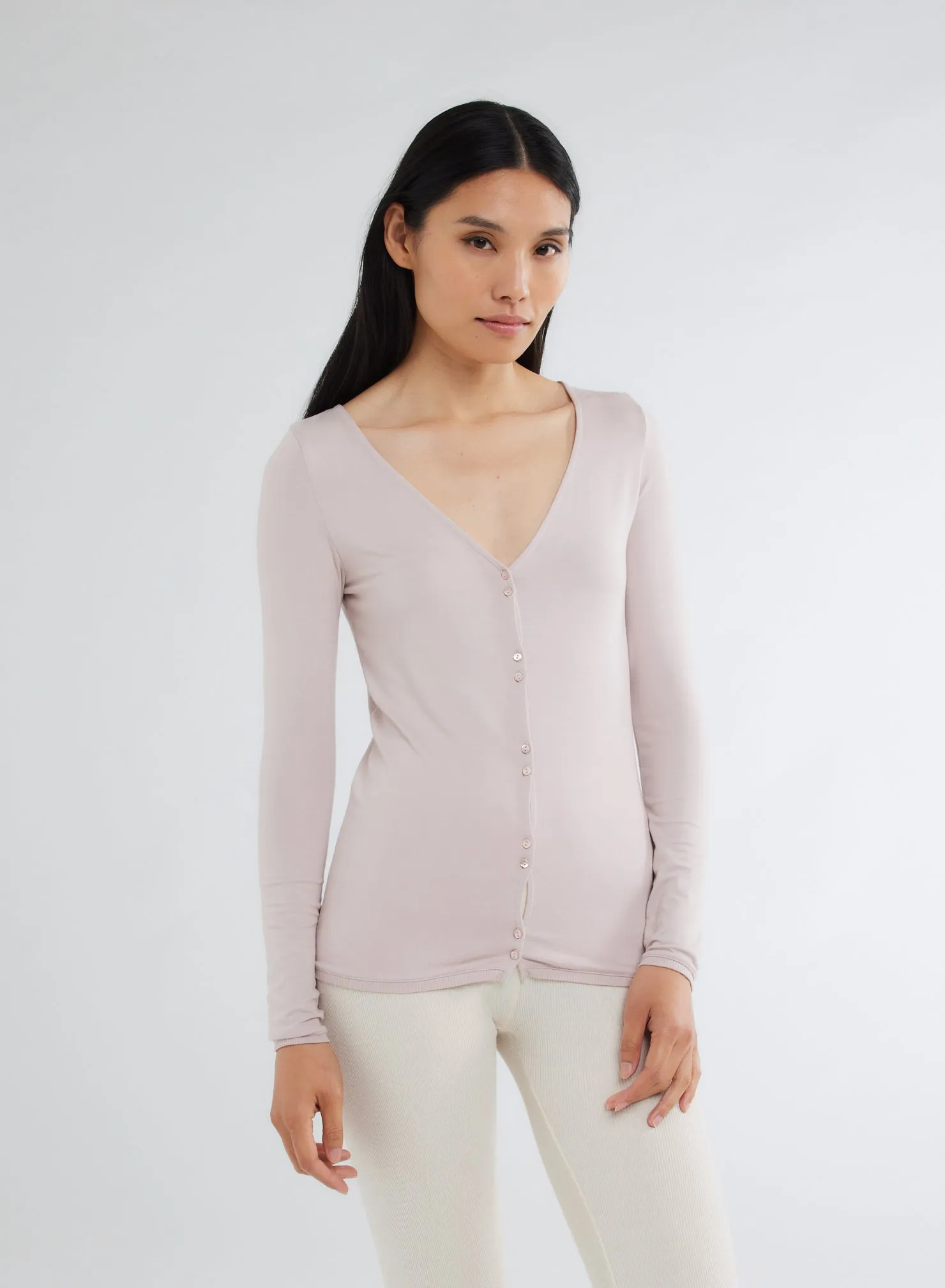 Gilet Rose col V Manches Longues en Viscose et Élasthanne
