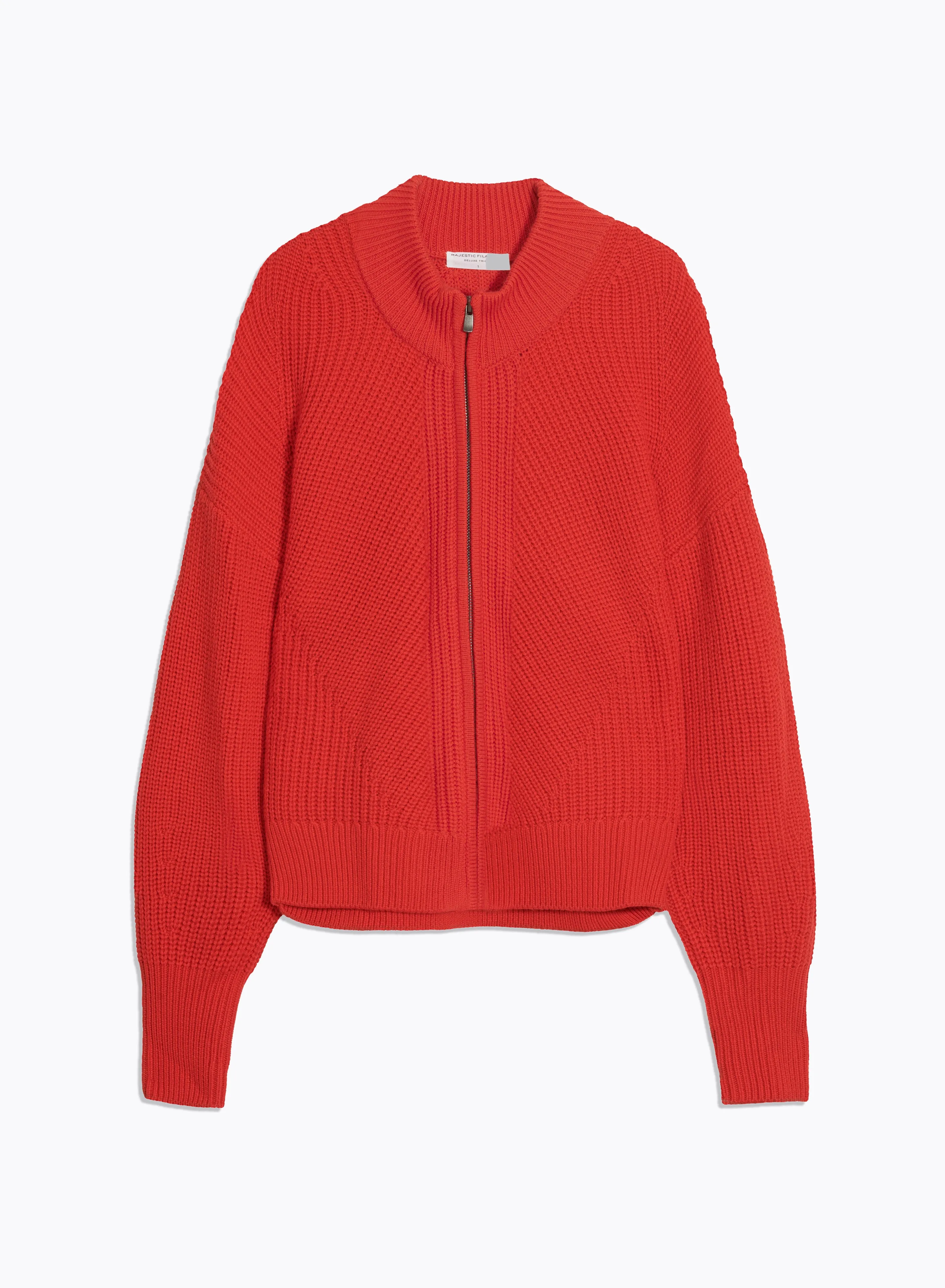 Gilet Rouge à Grosse Maille Col Montant Manches Longues en Laine Mérinos