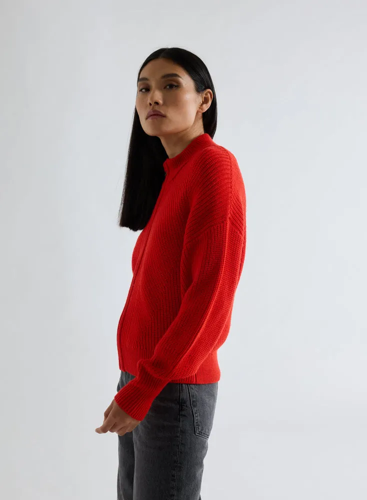 Gilet Rouge à Grosse Maille Col Montant Manches Longues en Laine Mérinos