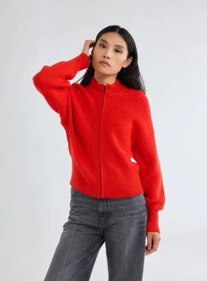 Gilet Rouge à Grosse Maille Col Montant Manches Longues en Laine Mérinos