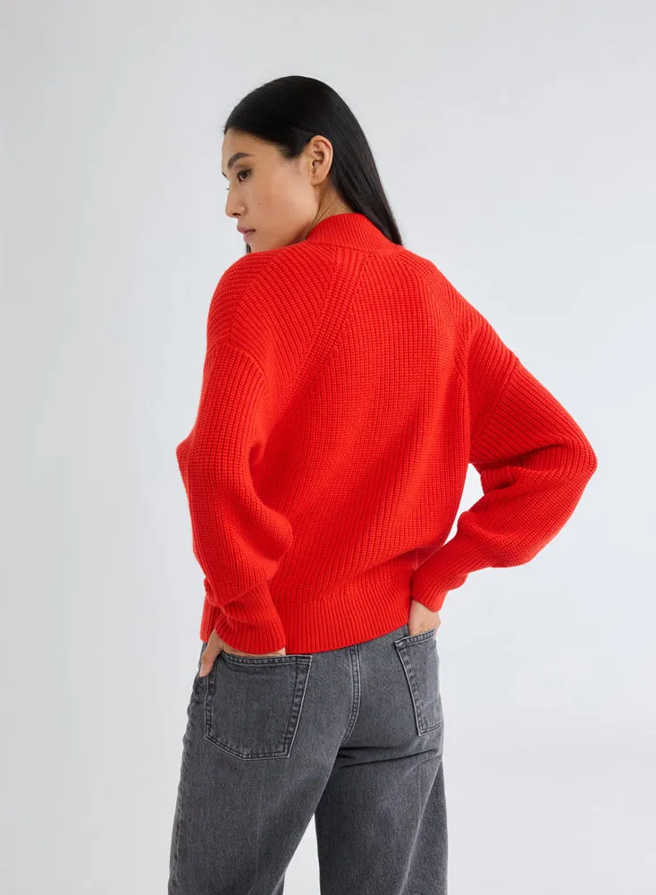 Gilet Rouge à Grosse Maille Col Montant Manches Longues en Laine Mérinos