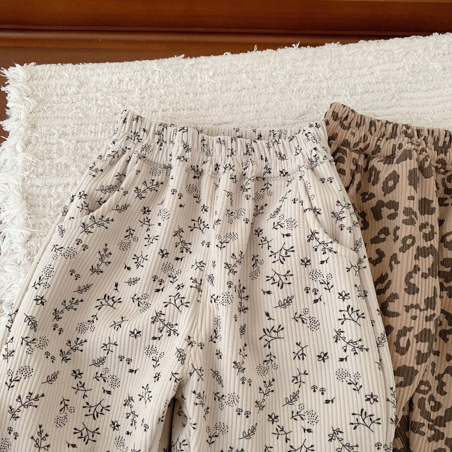 Girls Floral Leopard Corduroy Snow Pants Thick Winter Warm Pants