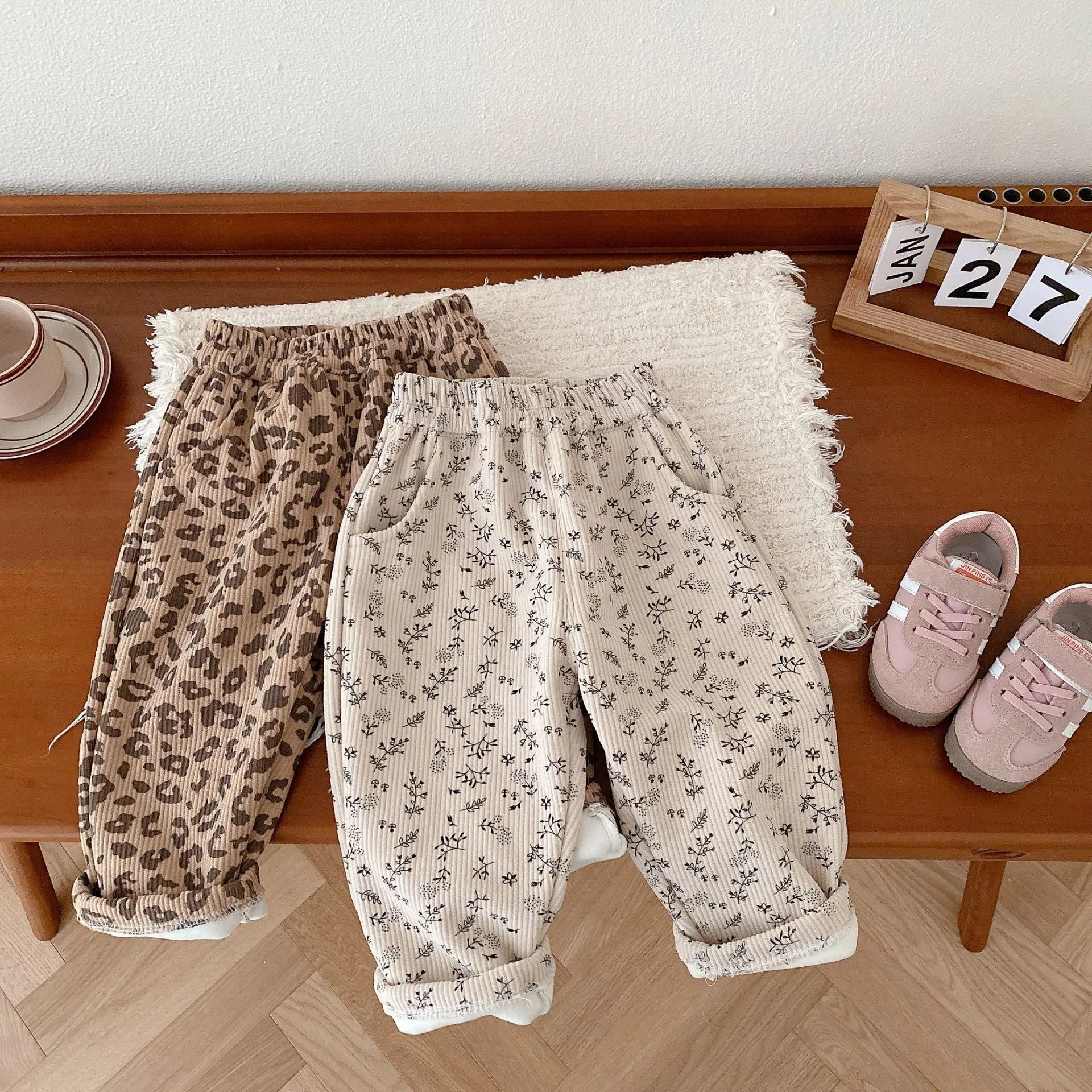 Girls Floral Leopard Corduroy Snow Pants Thick Winter Warm Pants
