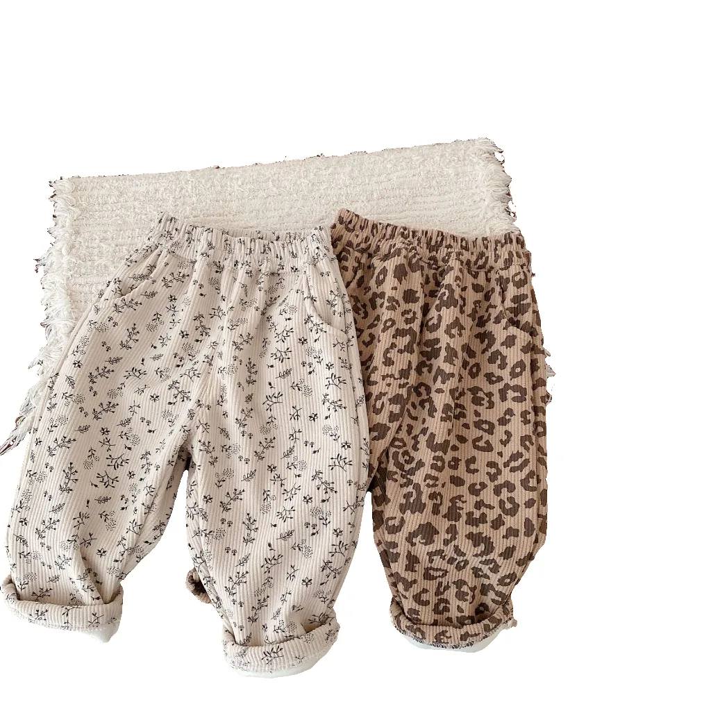 Girls Floral Leopard Corduroy Snow Pants Thick Winter Warm Pants
