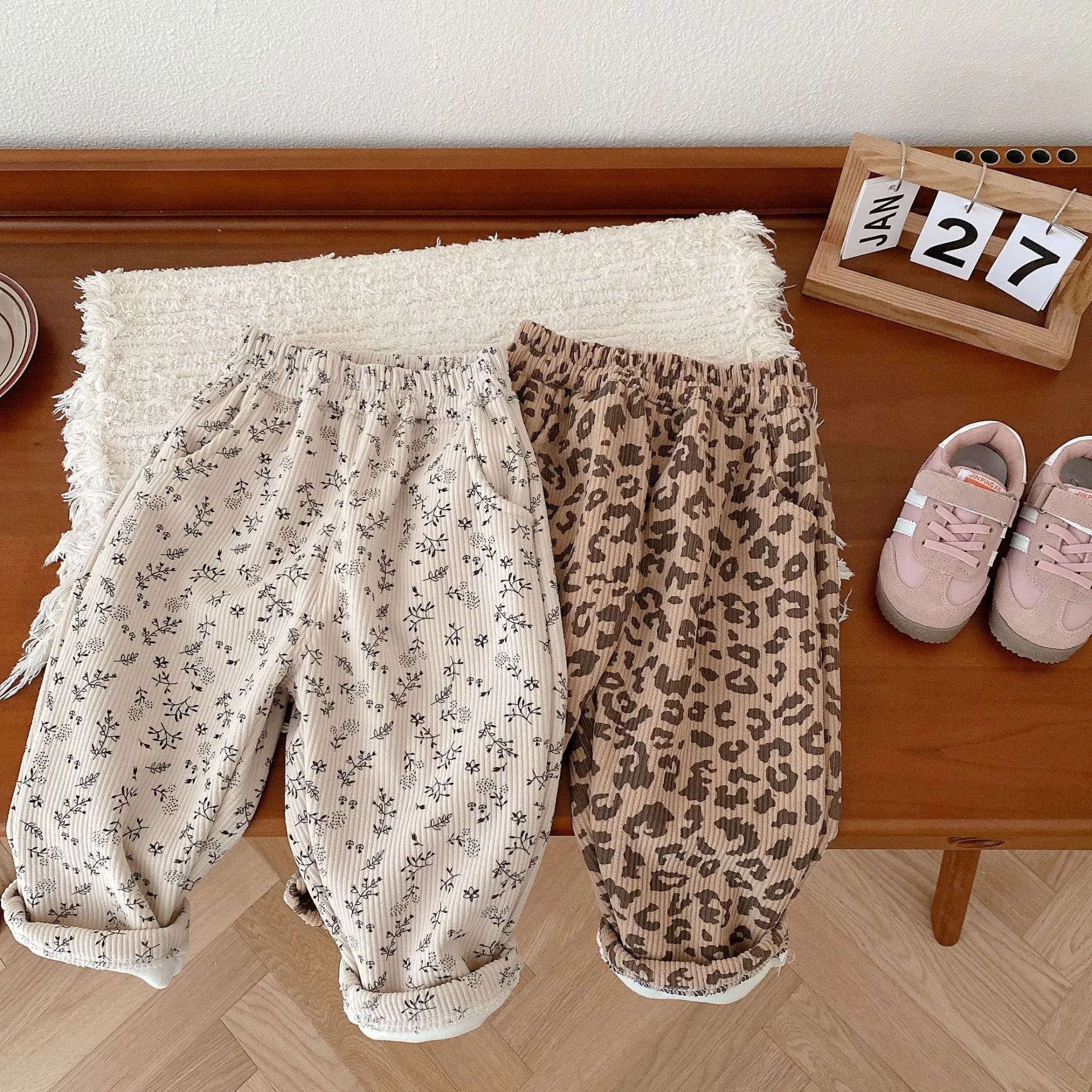 Girls Floral Leopard Corduroy Snow Pants Thick Winter Warm Pants