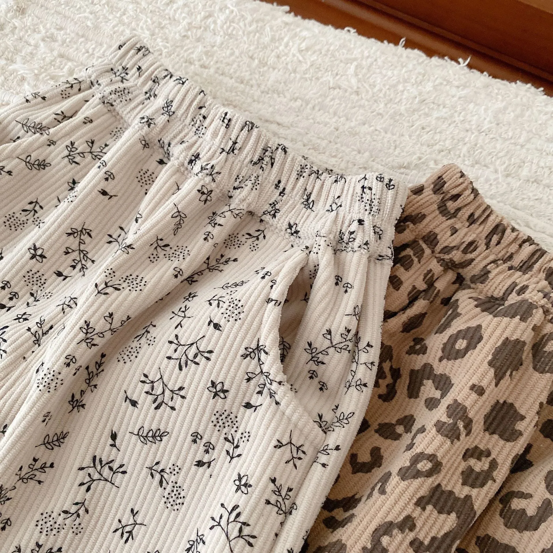 Girls Floral Leopard Corduroy Snow Pants Thick Winter Warm Pants
