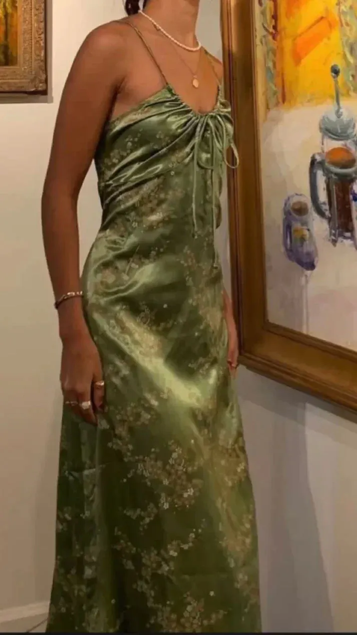 Green Vintage Printed Satin Midi Length Party Dress Formal Dress Charming