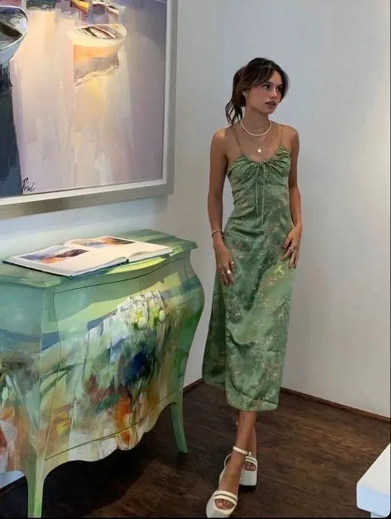 Green Vintage Printed Satin Midi Length Party Dress Formal Dress Charming
