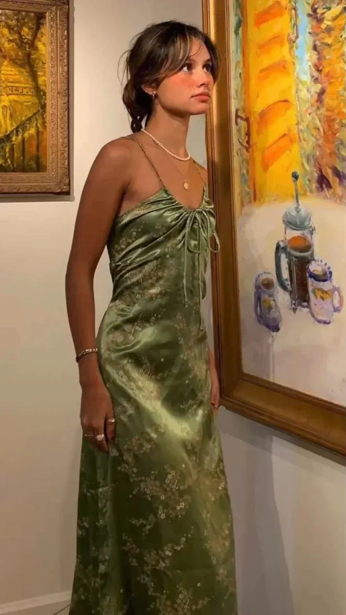 Green Vintage Printed Satin Midi Length Party Dress Formal Dress Charming