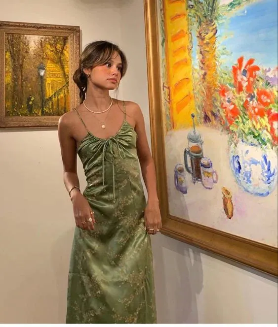 Green Vintage Printed Satin Midi Length Party Dress Formal Dress Charming