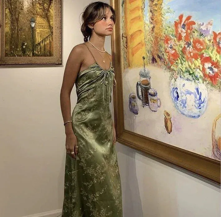 Green Vintage Printed Satin Midi Length Party Dress Formal Dress Charming