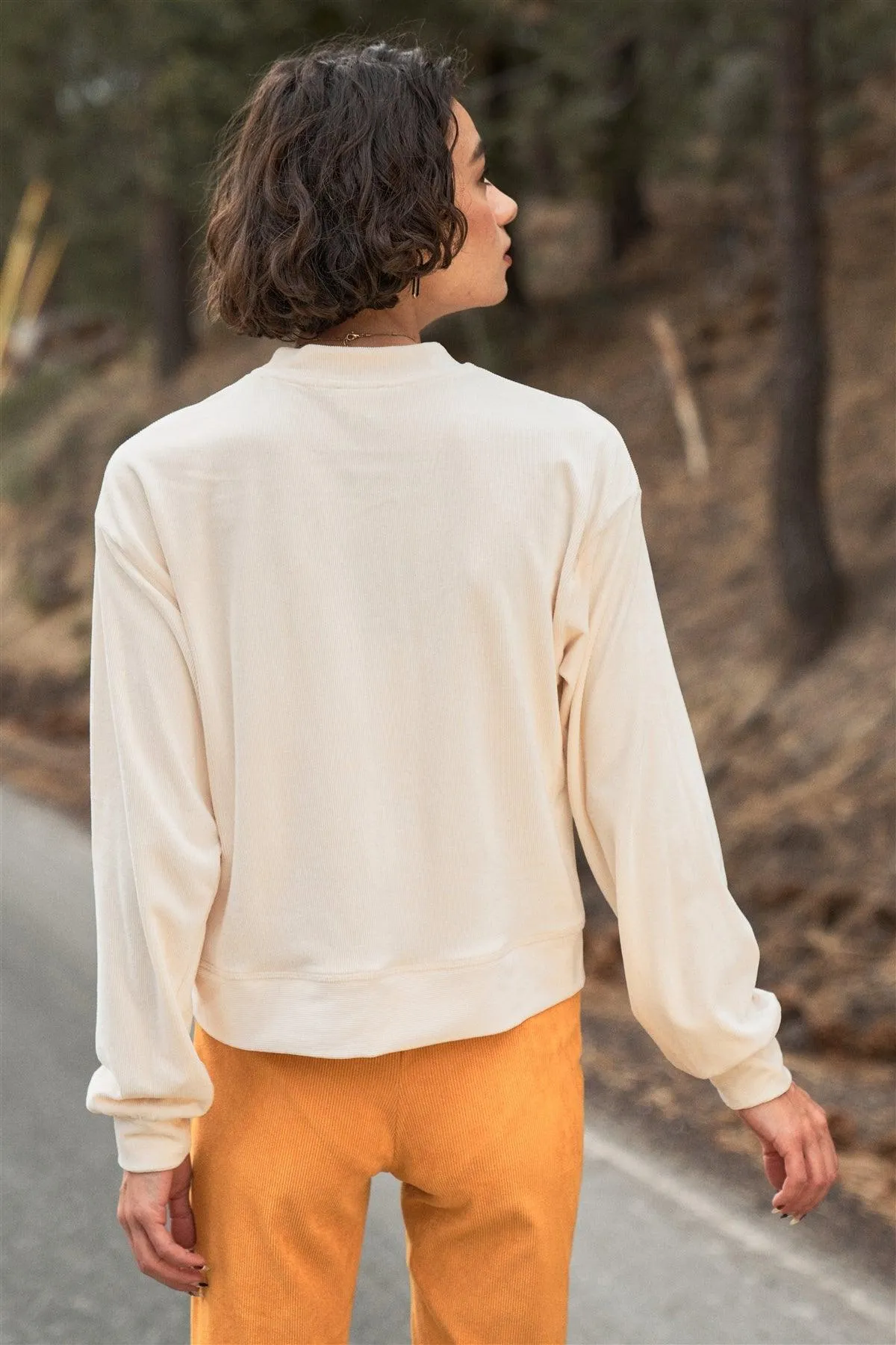 Ivory Corduroy Long Volume Sleeve High Neck Top /3-2-1
