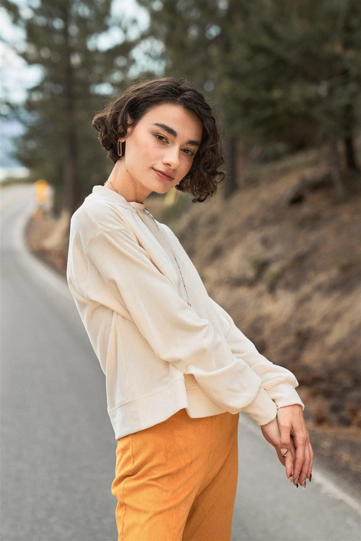 Ivory Corduroy Long Volume Sleeve High Neck Top /3-2-1
