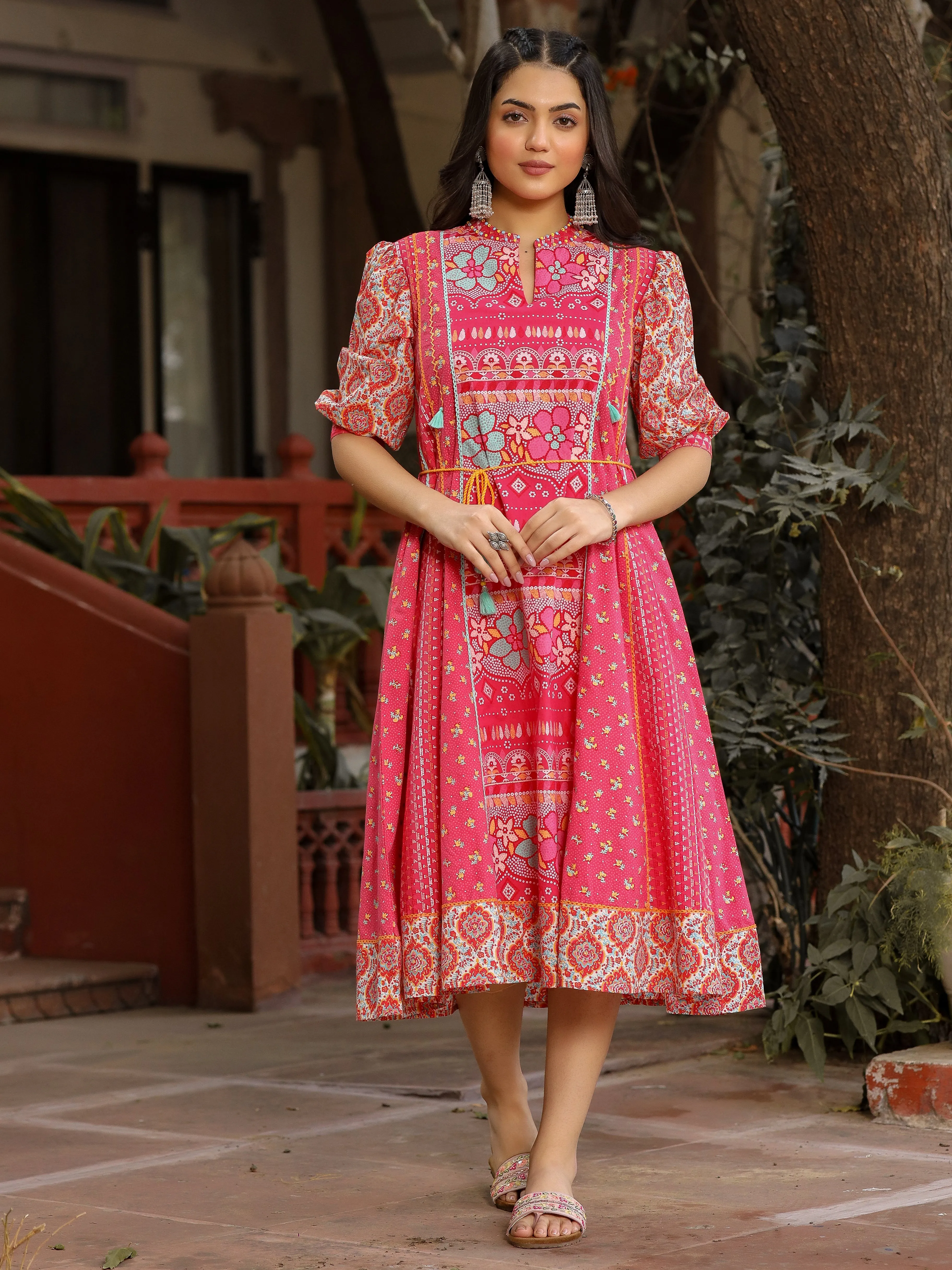 Juniper Pink Floral Printed Pure Cotton Dress & Doris With Beads Work