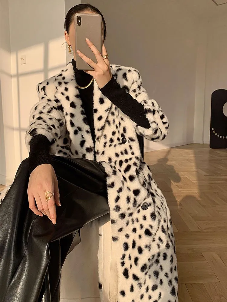 Leopard Double Breasted Faux Fur Fleece Long Coat