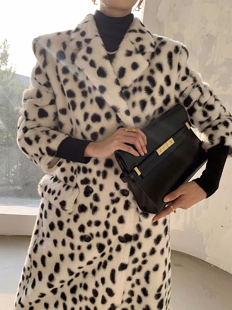 Leopard Double Breasted Faux Fur Fleece Long Coat
