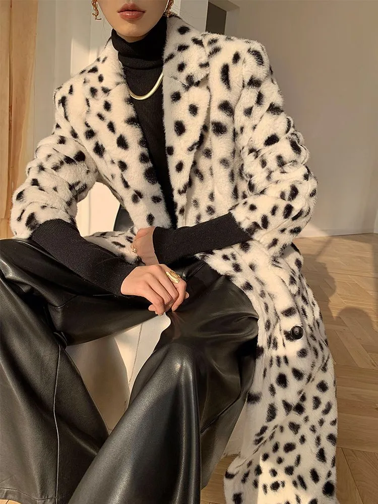 Leopard Double Breasted Faux Fur Fleece Long Coat