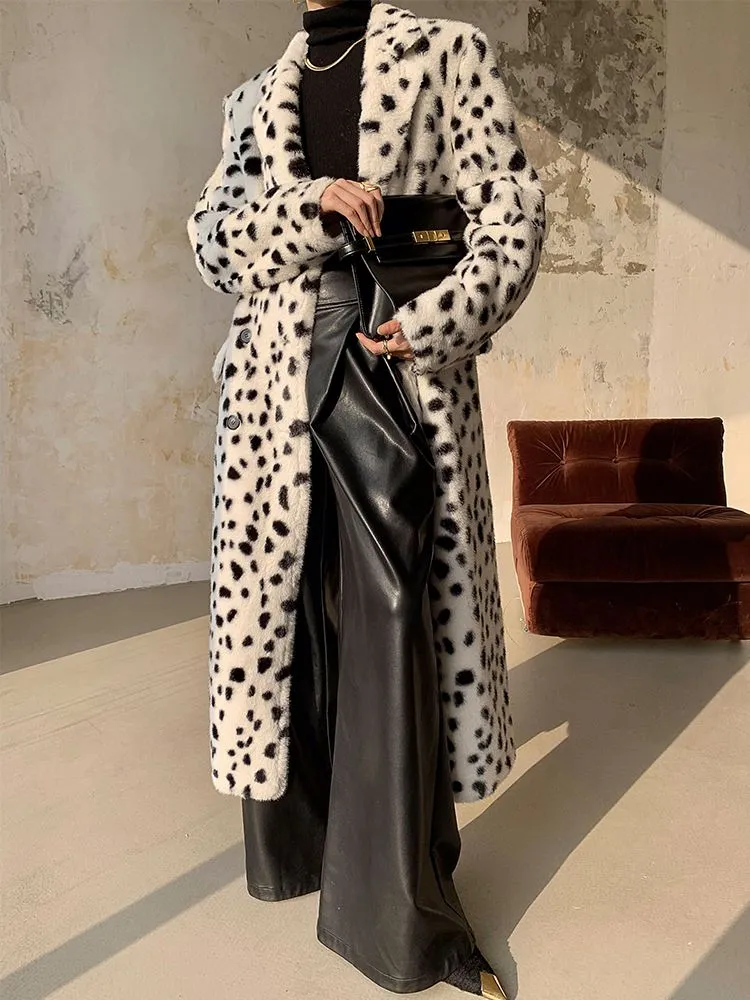 Leopard Double Breasted Faux Fur Fleece Long Coat