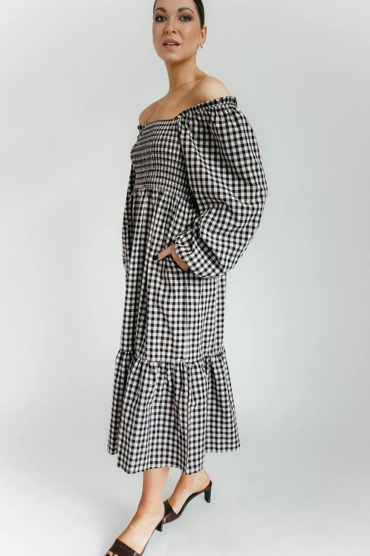 Lily Gingham Smocked Midi Dress - Black   Taupe
