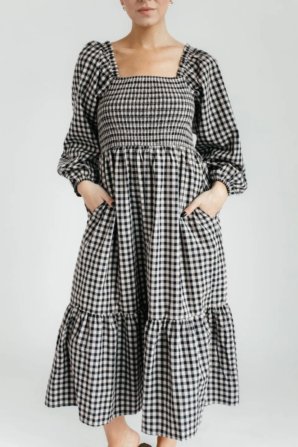 Lily Gingham Smocked Midi Dress - Black   Taupe